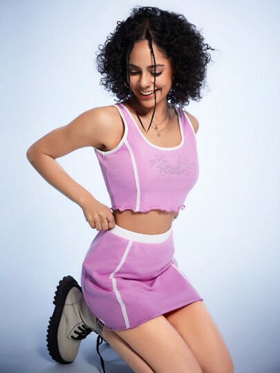 Forever 21 Ensemble De Débardeur Court Et Jupe À Motif De Papillon En Strass Pour Femmes