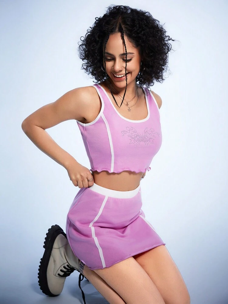 Women'S Rhinestone Butterfly Pattern Cropped Tank Top And Skirt Set