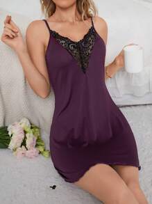 Camisón de pijama para mujer con encaje de contraste y parches - Rojo violeta - Ver 2