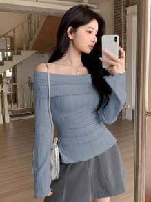 DAZY Áo thun dài tay hở vai màu trơn đơn giản cho nữ mùa thu, quần áo mùa thu hở vai cho nữ - Màu xanh lam - Xem 1