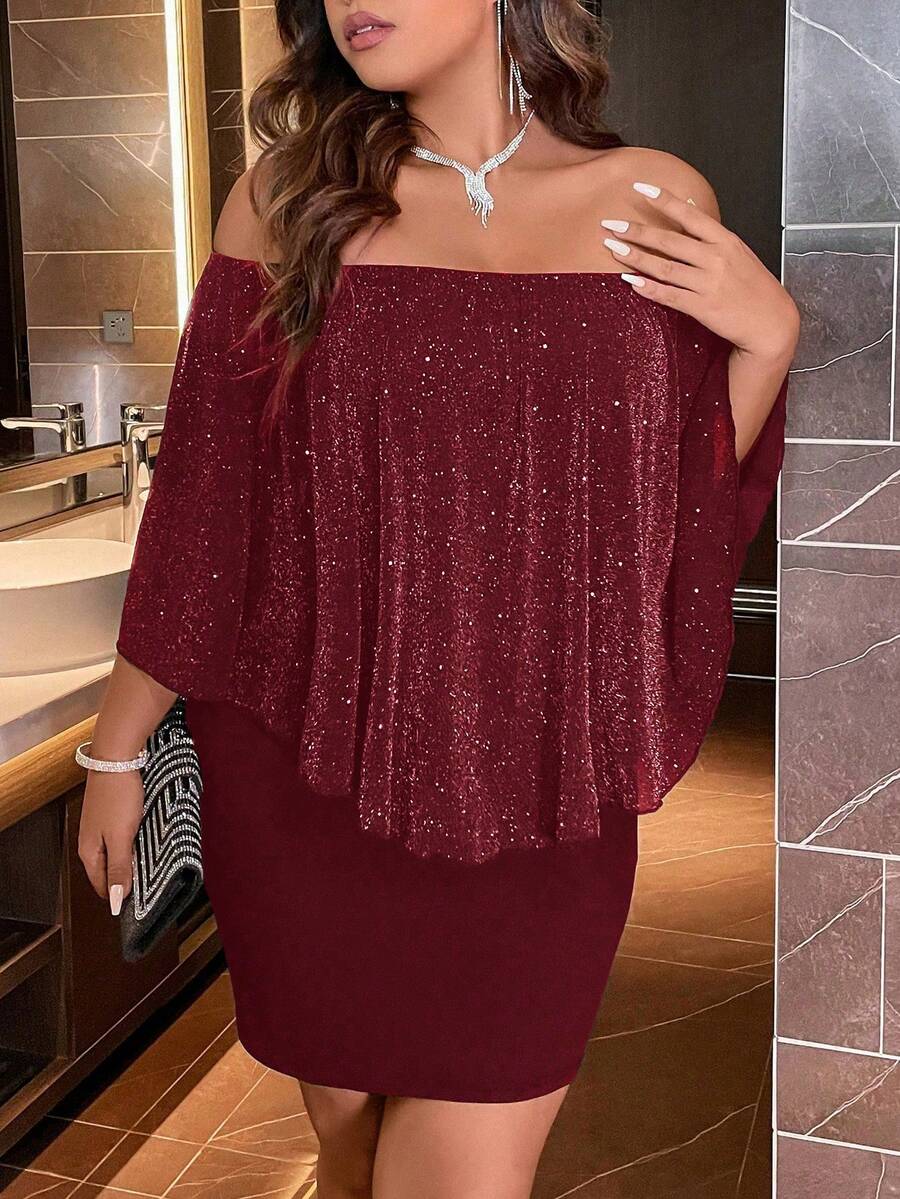 Rochie elegantă de petrecere cu paiete, mărime plus, cu umeri goi - Burgundia - Vizualizare 1