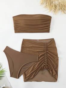 SHEIN Swim Summer Beach Plain Bikini Set Three-Piece Set Bathing Suit - Coffee Brown - View 7