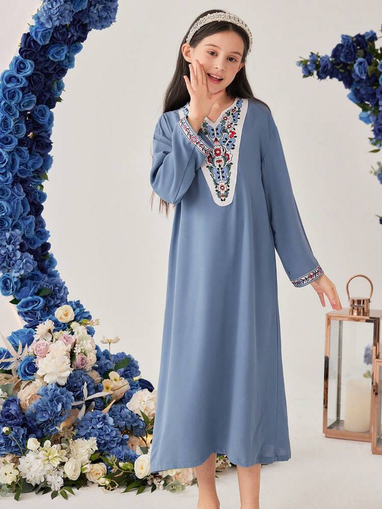 Tween Girl's Elegant Floral Printed Patchwork Dress