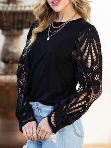 Acelitt Women's Round Neck Elegant Water-Soluble Lace Lantern Sleeve T-Shirt - Black - View 4