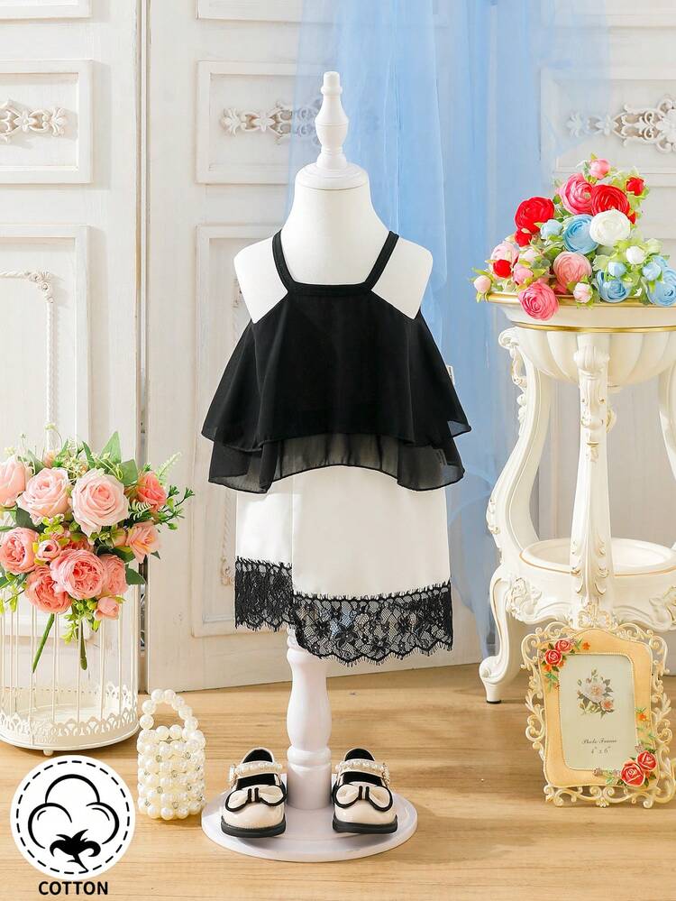 Elegant Baby Girl's Set With Multi-Layered Top & Lace Patchwork Skirt Dress