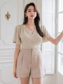 DAZY V-Neck Wrap-Front Short Sleeve T-Shirt Summer - Beige - View 5