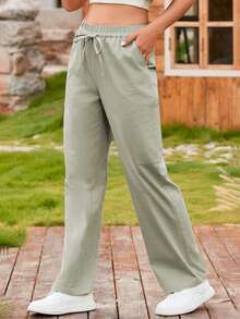 Acelitt Women's Drawstring Waist Casual Long Pants, Minimalist Style For Daily Wear - Green - View 1