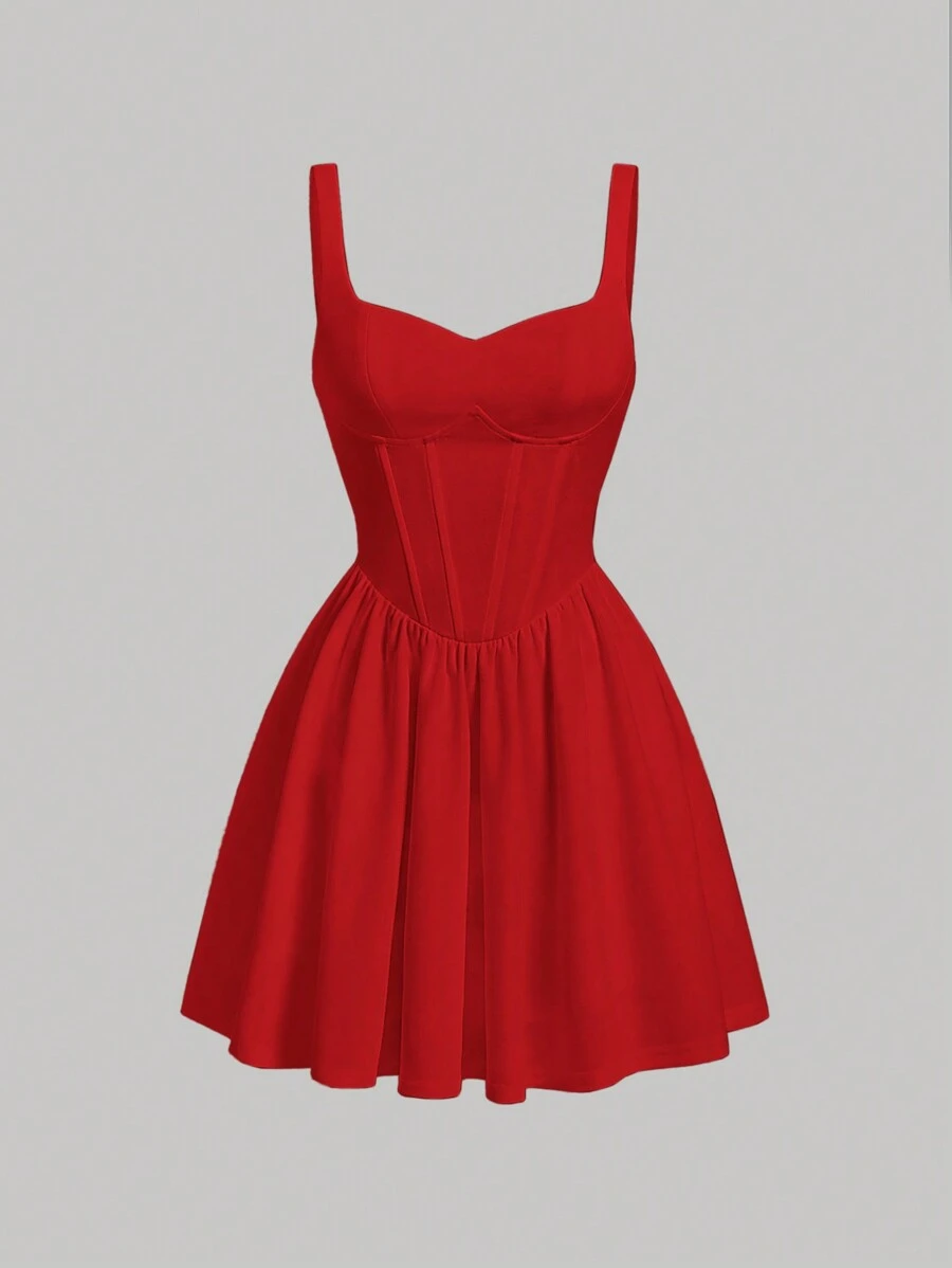 SHEIN MOD Ladies' Red Solid Color Sleeveless Dress - Red - View 1