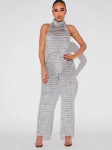Hauture Sexy Allover Fuzzy Mock Neck Backless Halter Jumpsuit