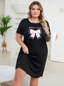 SHEIN Women's Plus Size Casual Sleep Dress Pajama Dress With Bowknot & Letter Print - Black - View 6