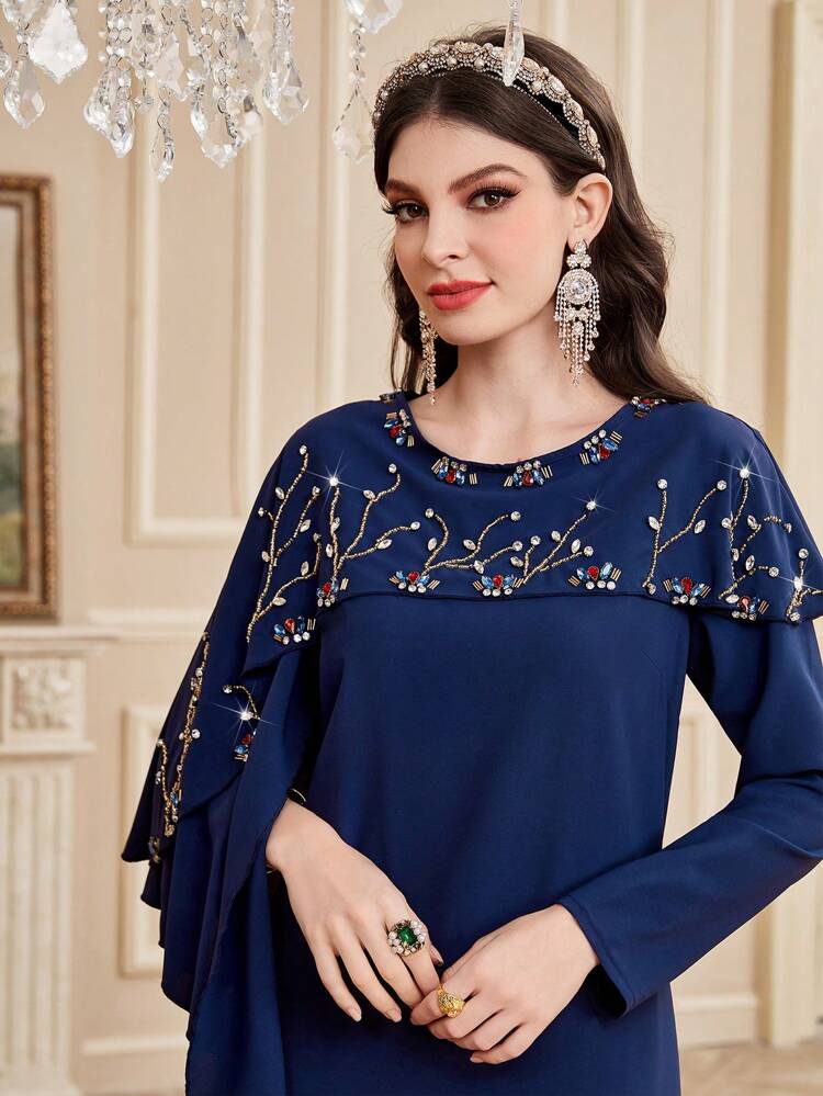 Women's Botanical Print Sparkly Rhinestone Decor Flare Sleeve Dress Long Evening Dresses