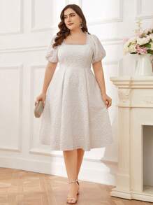 SHEIN Belle Rochie țesătă cu decolteu în U din jacquard, cu pliuri, volane și dantelă decorativă pentru rochie de petrecere pentru femei de dimensiuni mari Rochie de mireasă elegantă, albă, mărime mare - Bej - Vizualizare 5