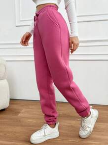 SHEIN Cottnline Pantalones Deportivos Con Cordón En La Cintura Y Dobladillo Con Puños Para Mujer - Rosa - Ver 3
