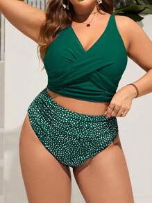 Swim Lushoire Summer Beach Plus Size Women's Cross Design Bikini Top And High Waisted Dotted Bikini Bottom