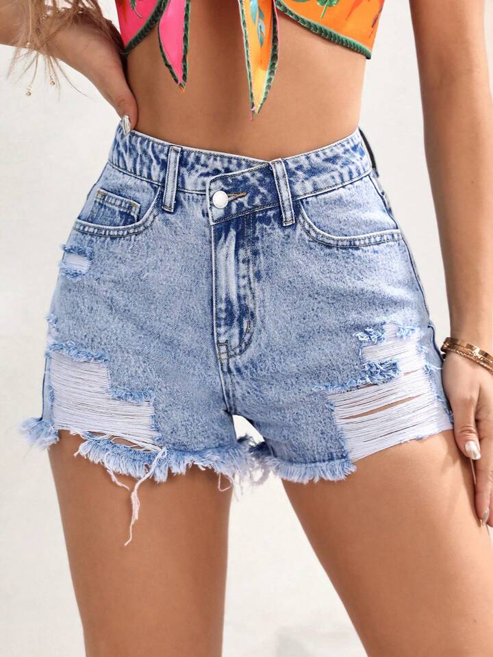SHEIN VCAY Women's Cutout Denim Shorts With Crossed Waist
