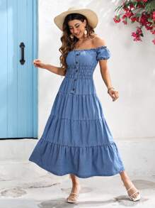 SHEIN VCAY Women's Loose Off Shoulder Denim Dress With College Style