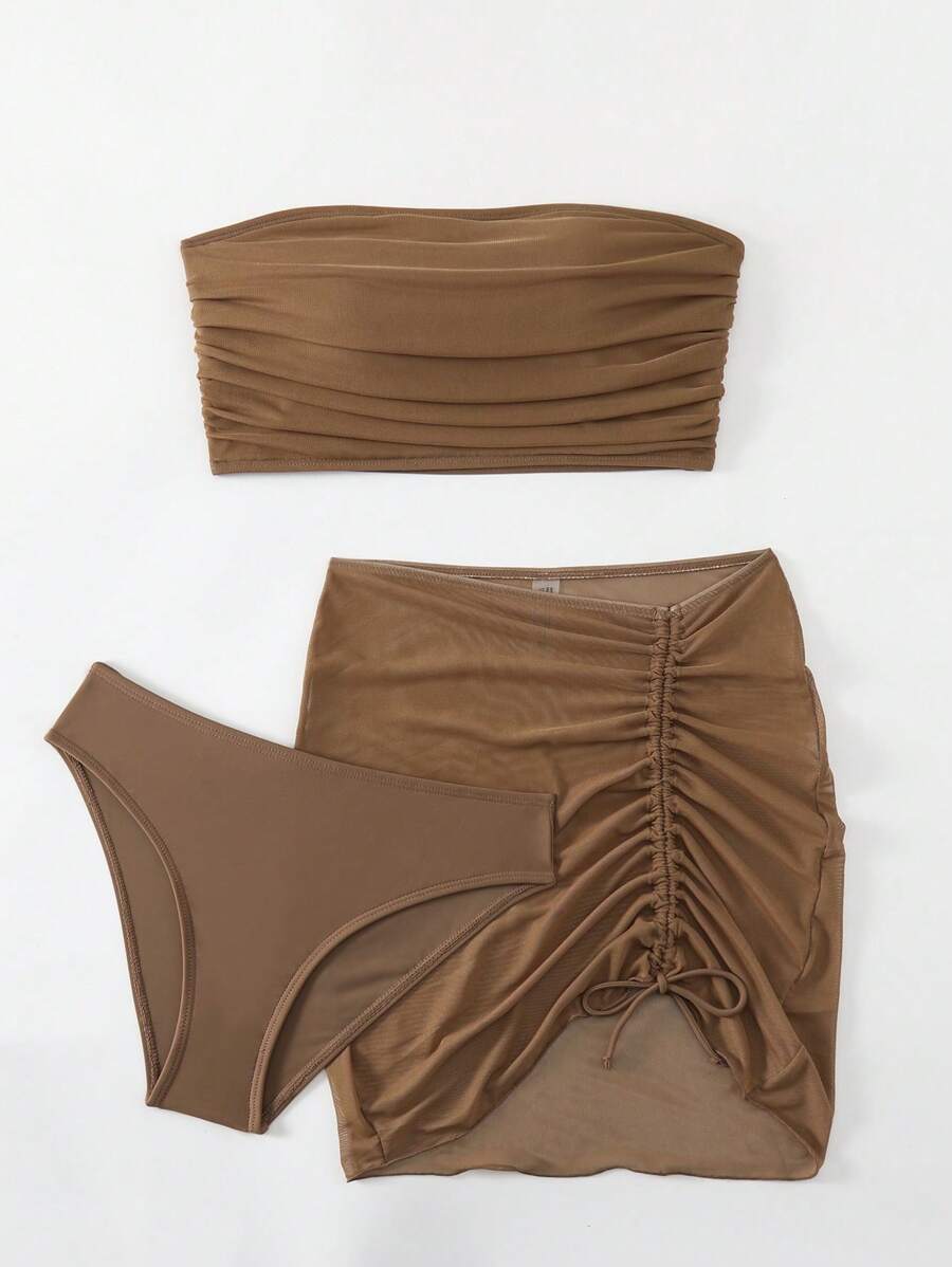 SHEIN Swim Summer Beach Plain Bikini Set Three-Piece Set Bathing Suit - Coffee Brown - View 1