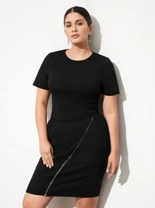 BizChic Conjunto De Camiseta De Manga Corta Para Mujer De Talla Grande Y Falda Con Cremallera Asimétrica