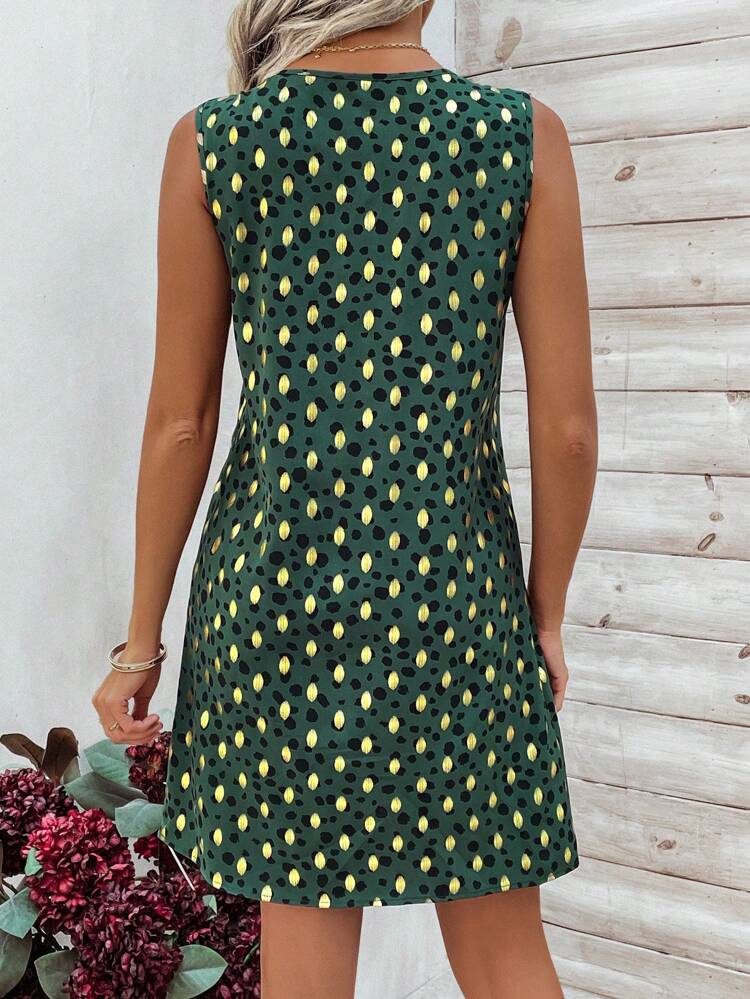 Ladies' Polka Dot Printed Half Zipper Sleeveless Dress