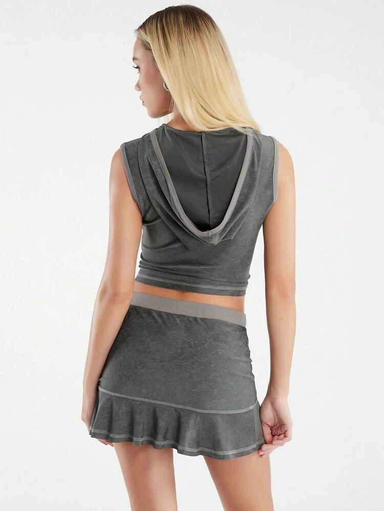 Women's Vintage Distressed Street Rock Style Hooded Vest And Skirt Set With Patchwork Design