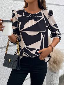 SHEIN Clasi 女款混合印花荷葉邊飾襯衫 - 黑色 - 查看 3