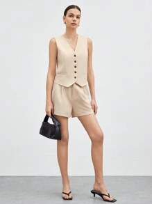 BizChic Bộ vest và quần short cài nút màu trơn dành cho nữ mùa thu/đông - Màu be - Xem 2