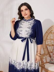 Mulvari Plus Size Women's Flower Printed Stand Collar Color Block Dress