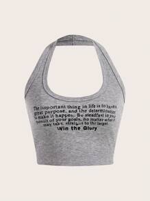 SHEIN EZwear Slogan Printed Halter Neck Top - Grey - View 1