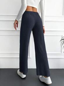 SHEIN Cottnline Ladies' Tie Waist Ribbed Wide Leg Pants - Navy Blue - View 2
