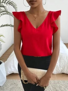 SHEIN Privé Women's V-Neck Ruffle Hemline Decor Blouse - Red - View 4