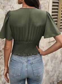 SHEIN Clasi 女士蝴蝶袖荷葉邊合身襯衫 - 軍綠色 - 查看 2