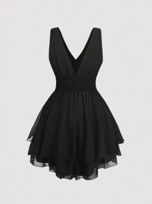 SHEIN MOD Plus Size Women's Multi-Layered Hem Waist Ruched Black Vintage Dress,Valentine Day - Black - View 2