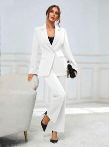 SHEIN Privé Women's Lapel Collar Blazer And Pants Set - White - View 4