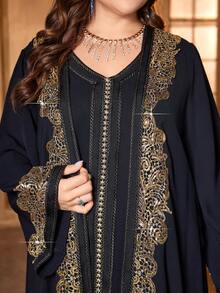 加大码优雅端庄亮片蕾丝装饰喇叭袖长外套配连衣裙，春夏，长袍