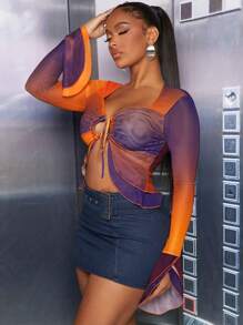 Hauture 性感网眼系带前喇叭袖渐变色上衣 - 彩色 - 查看 6