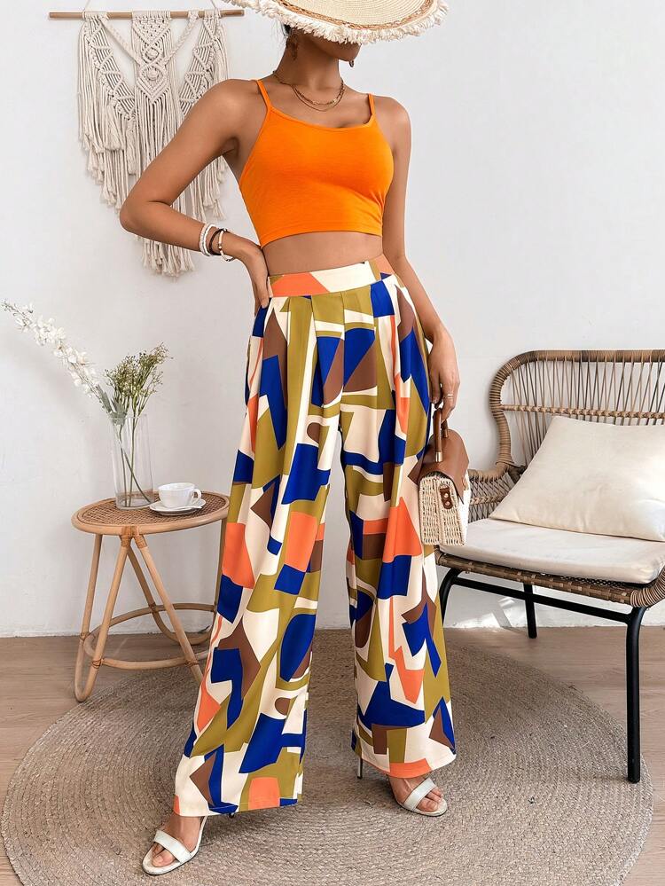 Women's Solid Color Cropped Strappy Camisole Top And Geometric Pattern Pants Two Piece Set