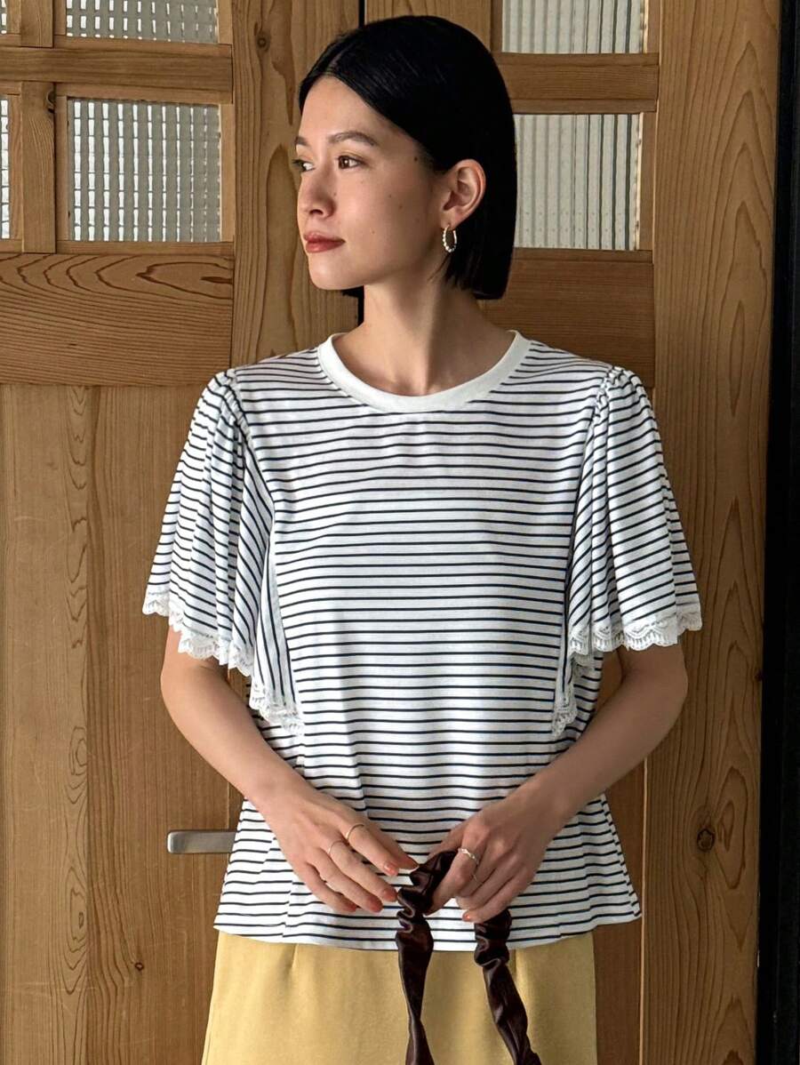 FRIFUL 女款短袖條紋 T 卹,袖口蕾絲邊 - 藍色 - 查看 1