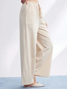 LUVLETTE 秋冬季奶油白柔软100%纯棉宽松透气女士睡裤款式长裤内衣外穿裤带口袋秋季睡衣 - 米色 - 查看 3