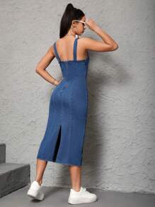 SHEIN PETITE Vestido De Mezclilla Para Mujeres Con Bordes Deshilachados Y Estilo Sin Mangas - Azul lavado oscuro - Ver 2