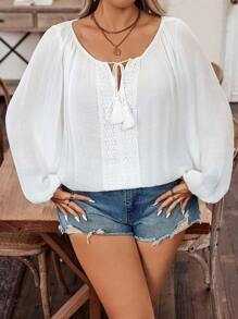 Breezaya Frauen Große Größen Hemd mit Laternenärmeln und Quastenverzierung