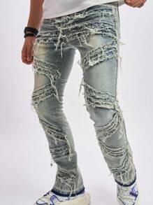 SHEIN Explorewe Nuevos Jeans Vintage Desgastados Para Adolescentes Con Remiendos Y Dobladillos Deshilachados, Casuales Y Elegantes - Azul lavado medio - Ver 7