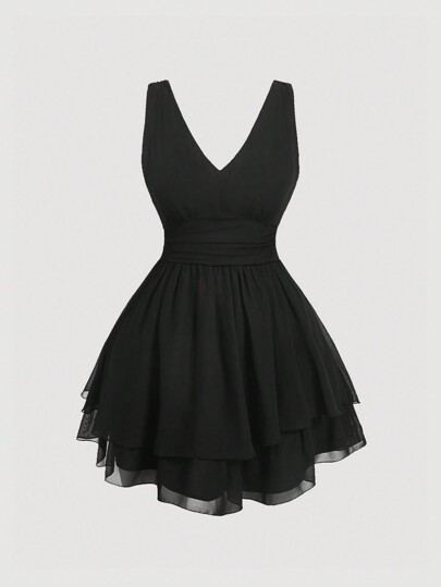 SHEIN MOD Plus Size Women's Multi-Layered Hem Waist Ruched Black Vintage Dress,Valentine Day,Graduation Dress