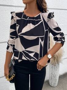 SHEIN Clasi 女款混合印花荷葉邊飾襯衫 - 黑色 - 查看 5