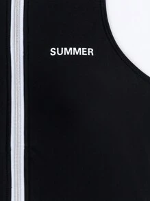 Swim SPRTY Của phụ nữ Lá thư In Nửa Zip Áo tắm một mảnh Với dây kéo Khép kín Lễ hội hóa trang - màu đen - Xem 9