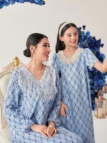 SHEIN Langes Tween-Girl-Kleid mit Fransenverzierung und V-Ausschnitt