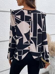 SHEIN Clasi 女款混合印花荷葉邊飾襯衫 - 黑色 - 查看 2