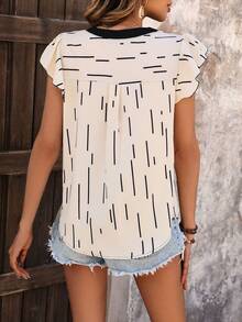 INAWLY Women's Line Pattern Printed Ruffle Hem Short Sleeve Shirt - Apricot - View 2