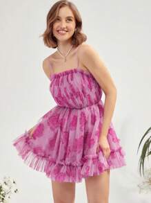 Enchnt Frill Trim Floral Mesh Cami Dress - Hot Pink - View 5