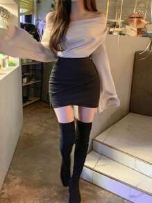 DAZY Women's Off-The-Shoulder Flared Sleeve T-Shirt,Fall Clothes,Back To School Clothes Long Sleeve Women Tops Off Shoulder Top - Apricot - View 5