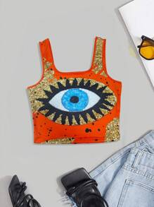 SHEIN Slayr Women's Eye Print Cropped Tank Top Graphic Tees Women Tops - Orange - View 5
